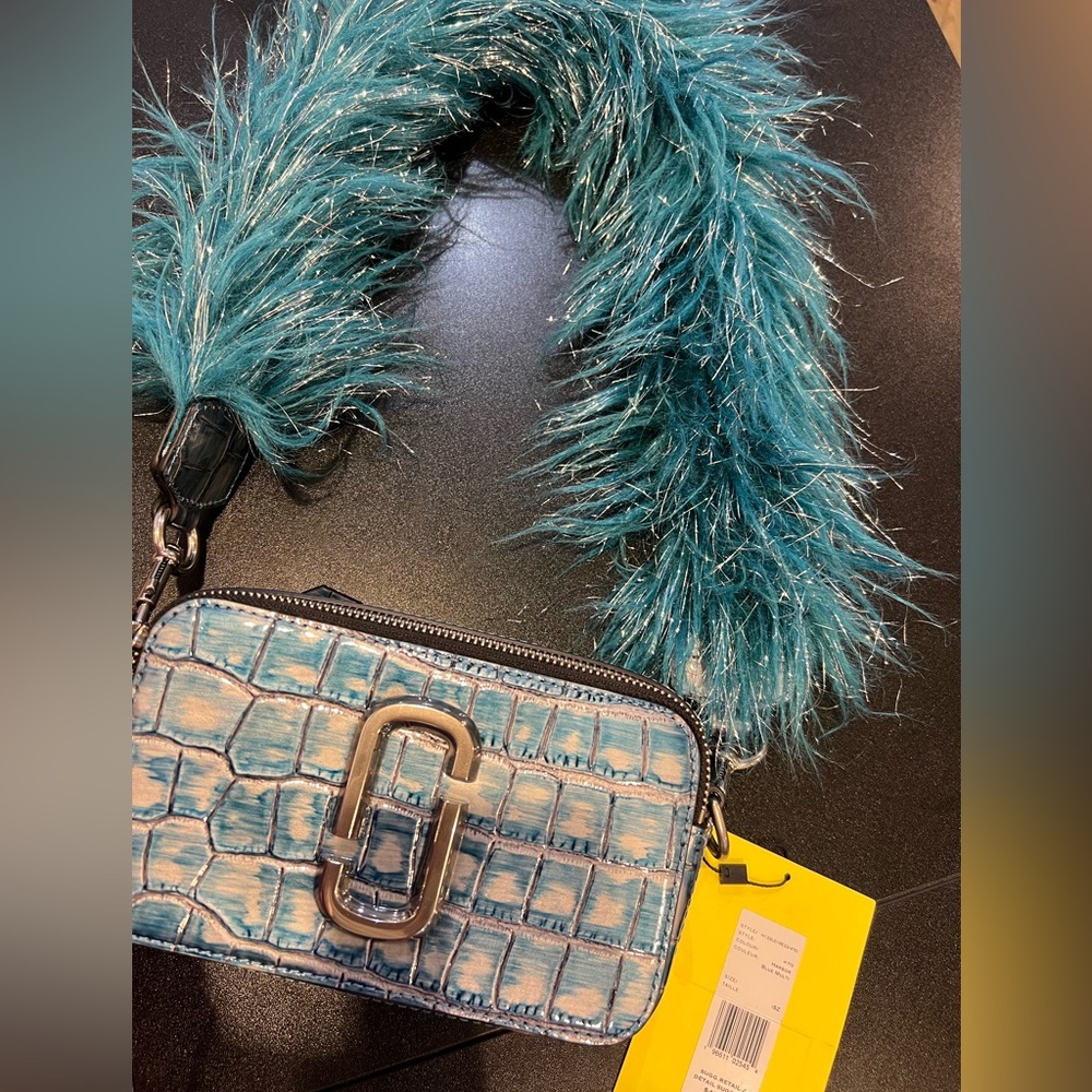 Marc Jacobs Blue Croc-Embossed Crossbody with Faux Fur Strap
